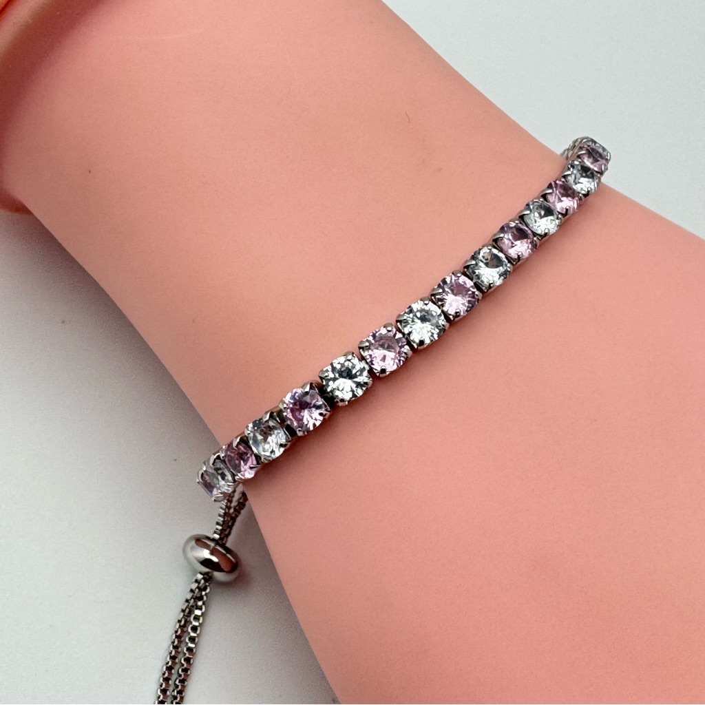 Silver Plated Pink Clear Cubic Zirconia Tennis Adjustable Slider Bracelet New 50$